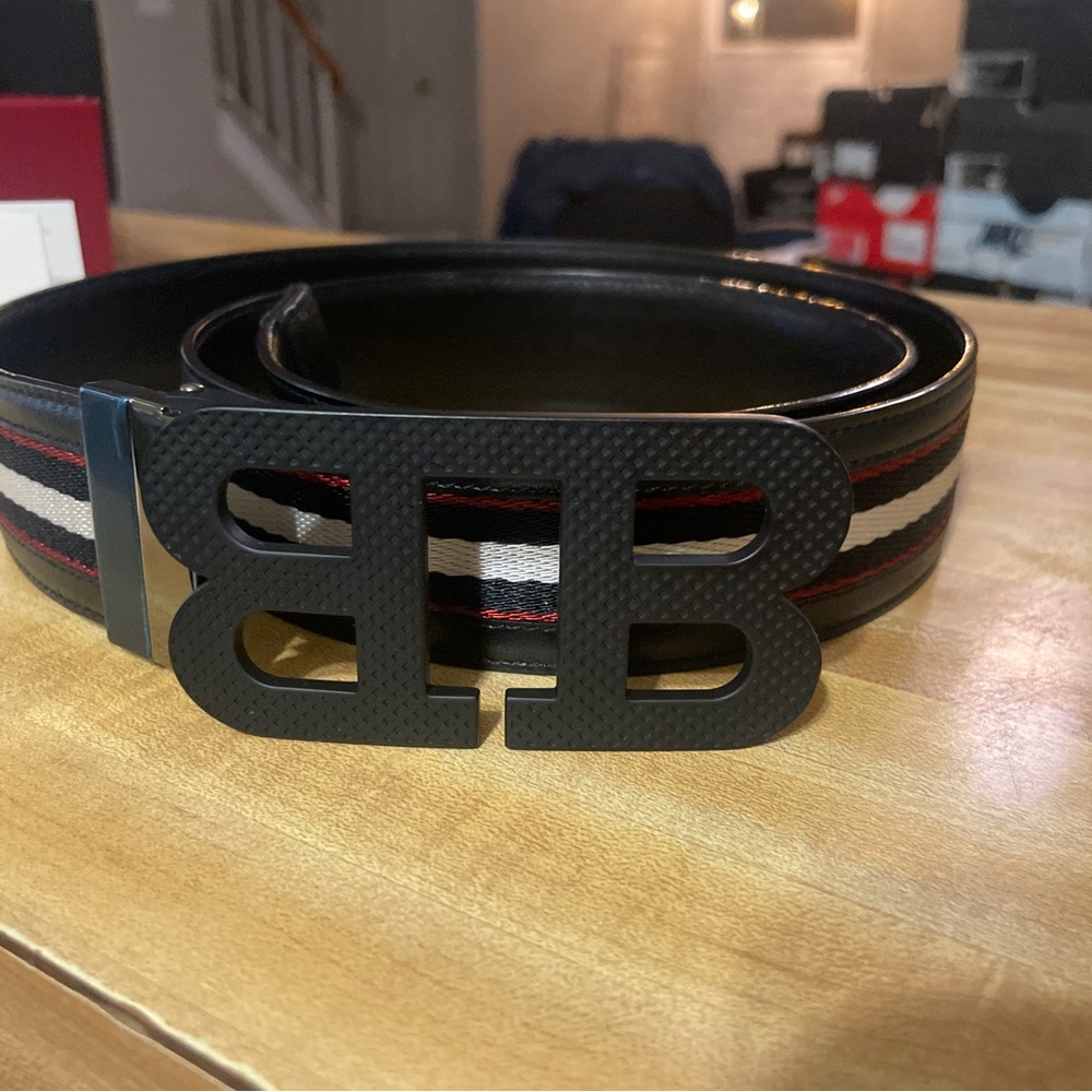 Bally Black and Brown Men's Belt with Logo Buckle